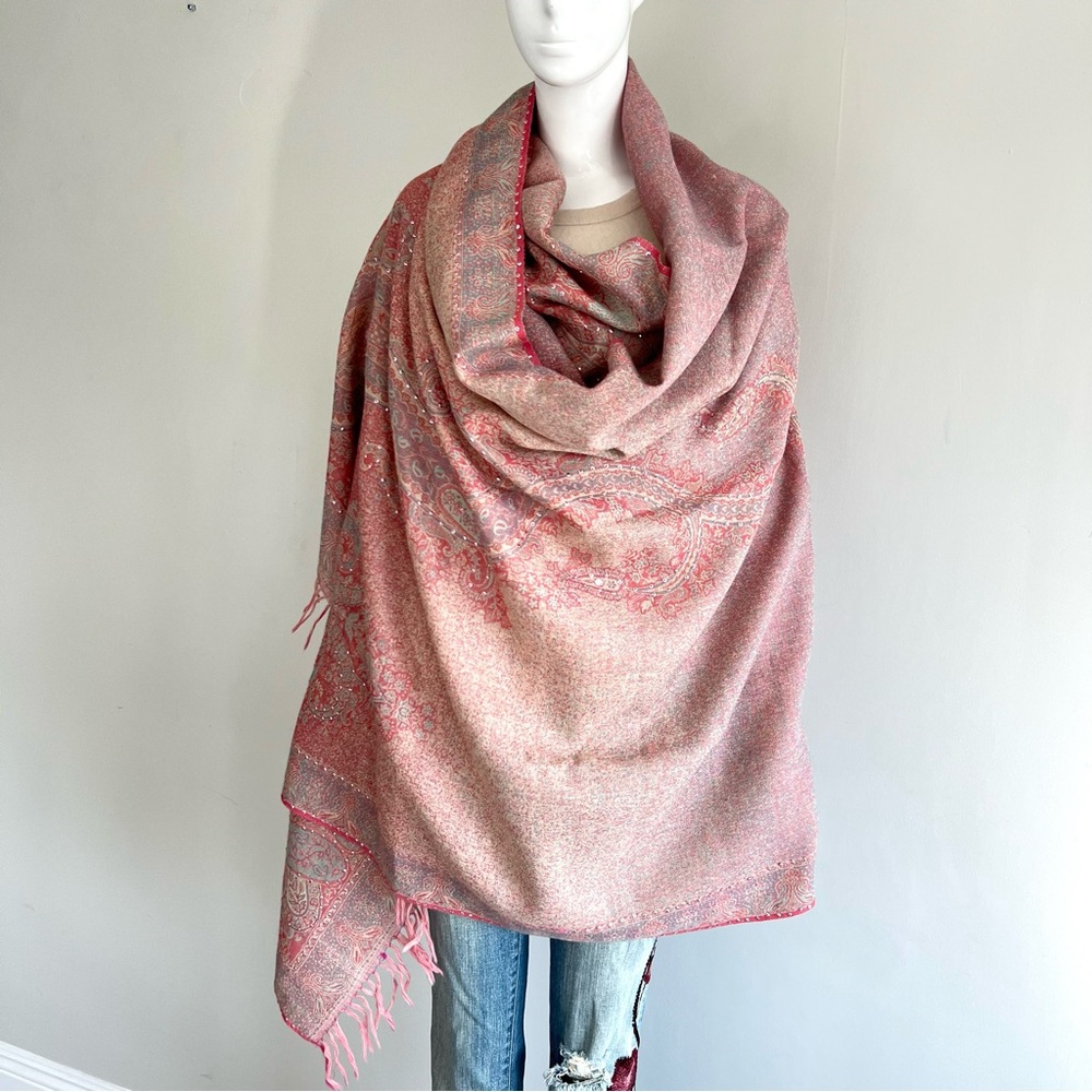 100% Pashmina Handmade Pink Turquoise Paisley Crystal Bead Long Wrap Shawl Scarf - Picture 8 of 13